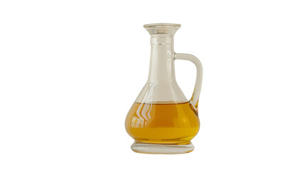 A glass jug sits on a white background, filled with liquid
