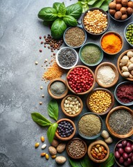Assorted spices and legumes in wooden bowls displayed on a table.