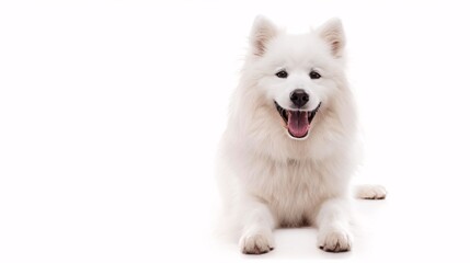 Adorable samoyed dog with a big smile on a white background