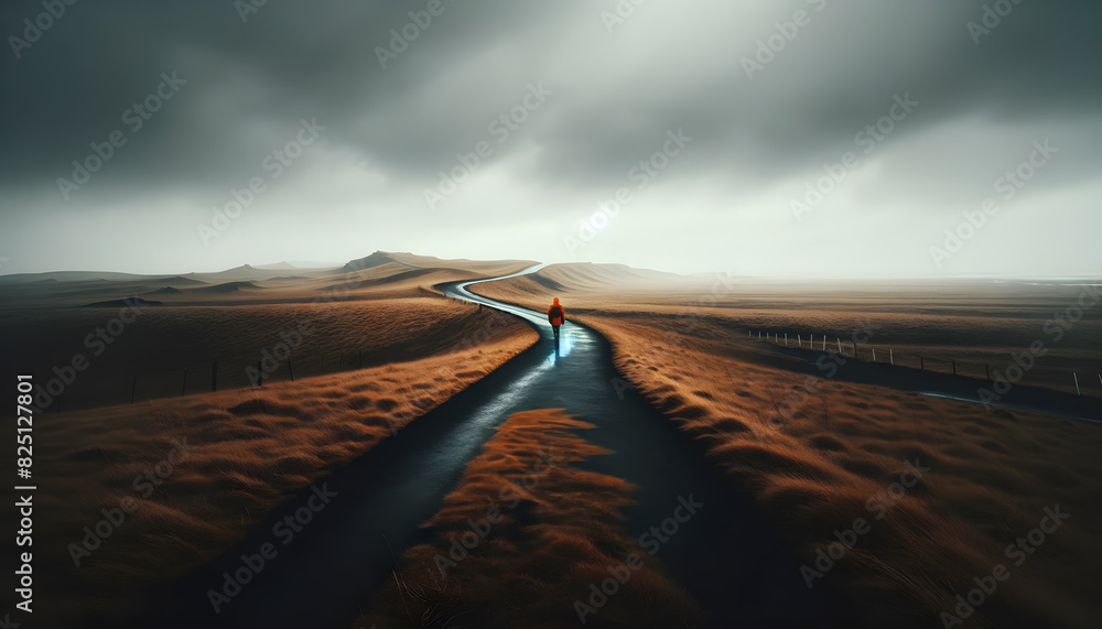 Poster a person walking on a winding path through a vast landscape with fields of golden grass under a mood
