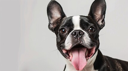 Silly Boston terrier with its tongue out on a white background