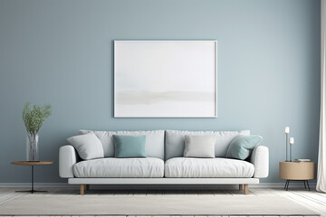 A sleek, monochromatic living room in shades of slate blue, featuring a minimalist sofa and an empty white frame mockup on the wall.