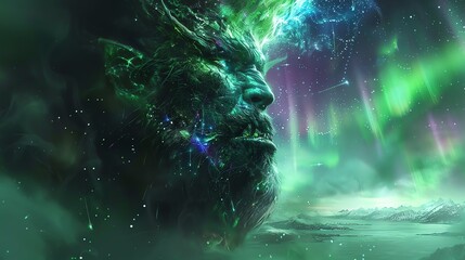 Illustrate a mythical creature resembling an orc from medieval times, surrounded by a shimmering aurora, exuding a mysterious and powerful aura with a touch of fantasy realism