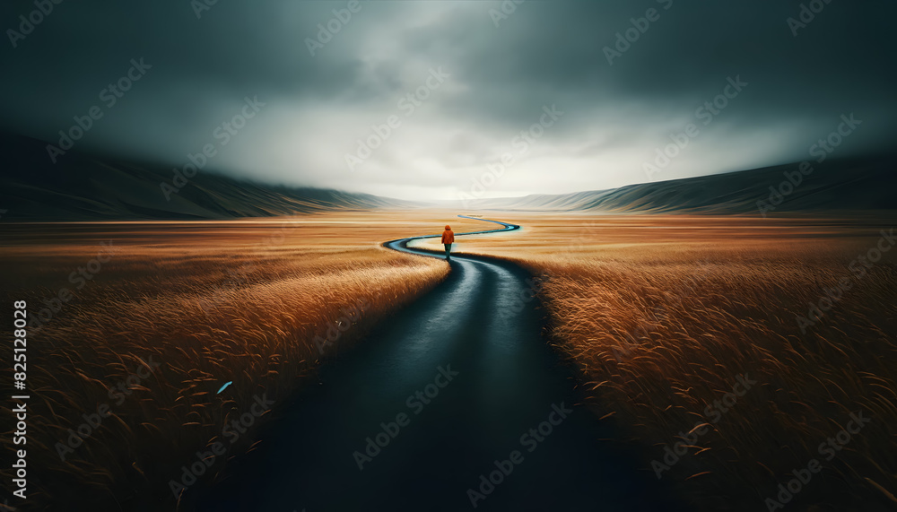 Poster a person walking on a winding path through a vast landscape with fields of golden grass under a mood