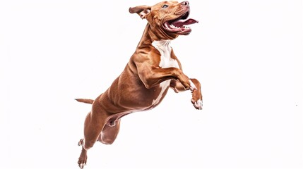 Fototapeta premium Energetic pit bull terrier jumping up high on a white background