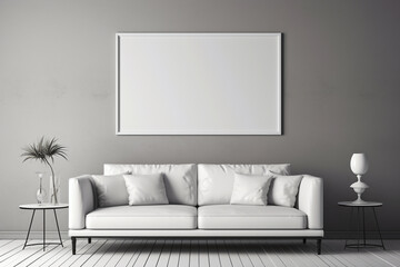 A sleek, monochromatic living room in shades of grey, featuring a minimalist sofa and an empty white frame mockup on the wall.