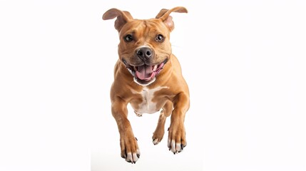 Obraz premium Energetic pit bull terrier jumping up high on a white background