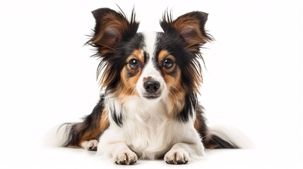 Cute papillon dog with its ears perked up on a white background