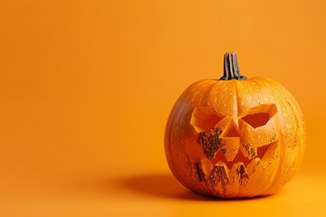 Isolated Halloween pumpkin on vivid orange background. Studio capture