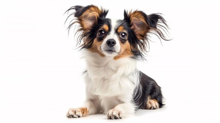 Cute papillon dog with its ears perked up on a white background