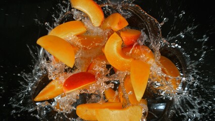 Fresh apricots pieces falling into water, top down view