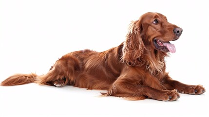 Playful Irish setter with a shiny coat on a white background
