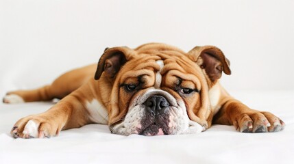 Obraz premium Affectionate English bulldog lying on its belly on a white background