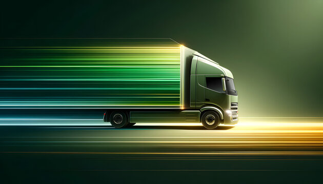 a moving truck with a green gradient design, creating a sense of speed and motion. The truck is shown in profile, with blurred lines trailing behind to emphasize its fast movement.