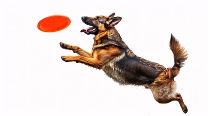 Energetic German shepherd catching a frisbee in mid-air on a white background