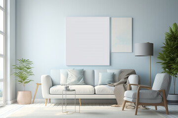 A sleek, sunlit living room in shades of white and pastel blue, adorned with simple furniture and an empty white frame mockup on the wall.