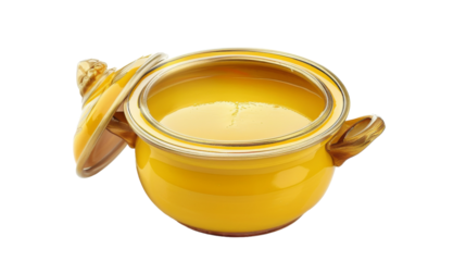 A small yellow pot with a lid is shown against a plain background
