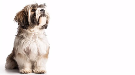 Cute lhasa apso sitting and looking up on a white background