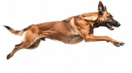 Energetic Belgian malinois jumping in the air on a white background