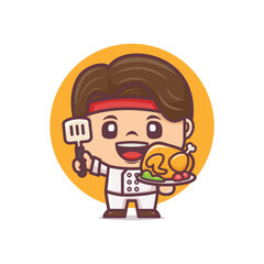 cute chef cartoon with fried chicken, vector illustration for culinary industry