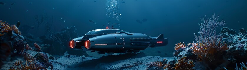 Advanced underwater vehicle, sleek and streamlined design, exploring a vibrant coral reef, illuminated by soft ambient light