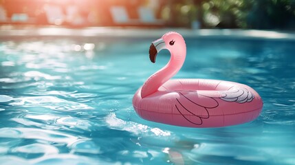 Inflatable flamingo floating in blue water at a summer pool party.