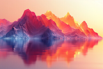 Obraz premium 3D illustration of sunrise over the mountains, with layers of orange pink and purple on the peak, with reflection in water