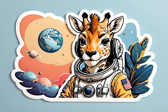 Adorable sticker art of an giraffe in a space suit with the American flag emblem, staring directly at the viewer.