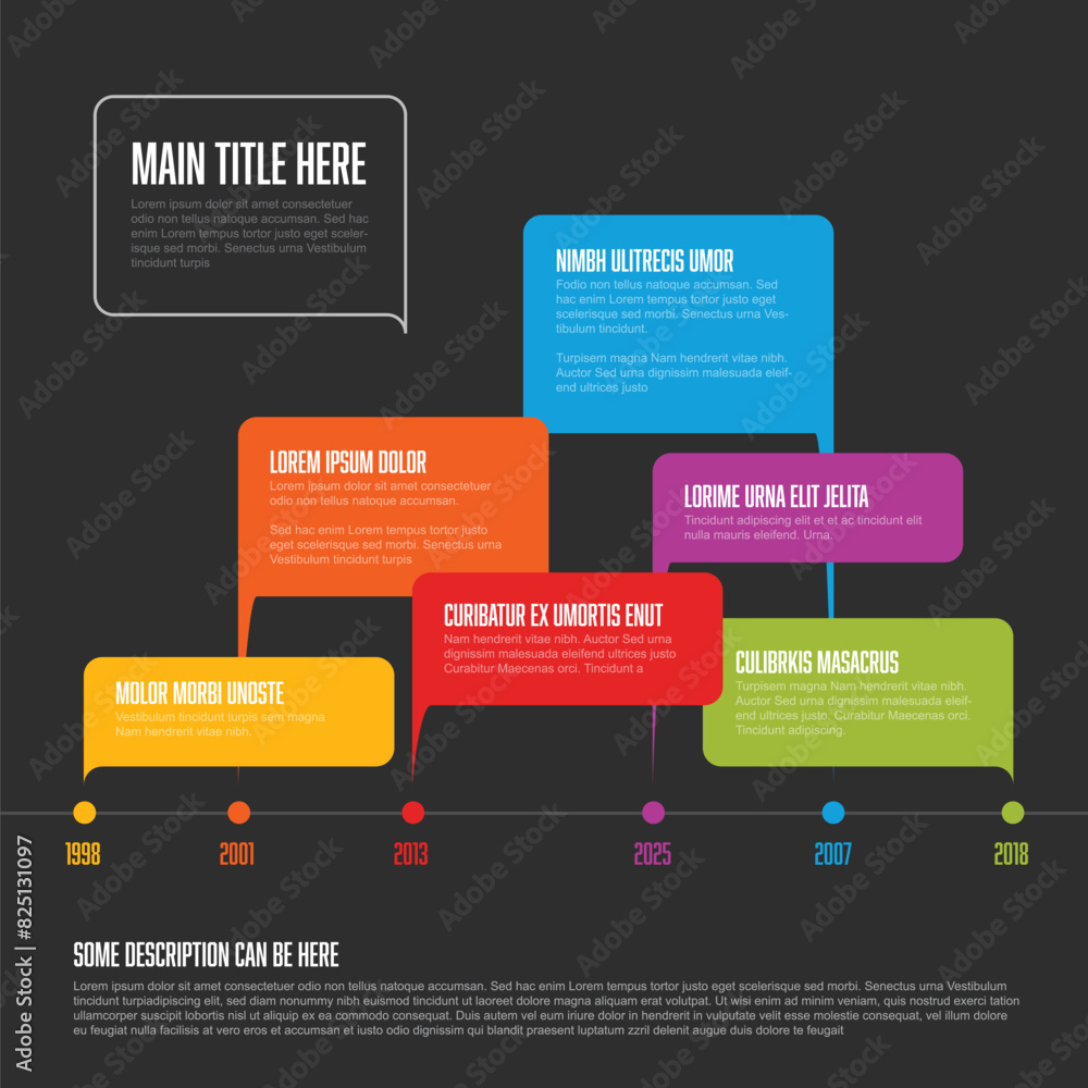Poster horizontal flat dark timeline template made from color rectangle speech bubbles