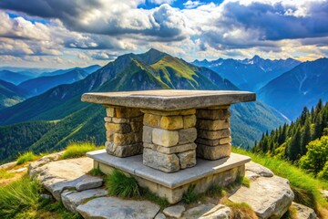 Charming stone gazebo in a picturesque mountain landscape.