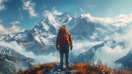 Photo realistic: Backpacker against scenic mountain backdrop   High resolution image capturing the adventure of backpacking in the mountains