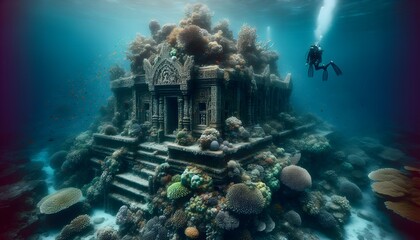 Fototapeta premium A photo of a diver uncovering a partially submerged ancient city structure