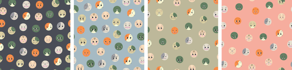 Four creative patterns pack, black eyes cats. Nultipurpose use, round cat face, repeating surface design.