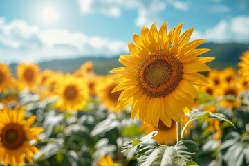 Vibrant Sunflower Field in Full Bloom Under Clear Blue Sky.