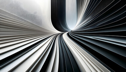 abstract curved lines in shades of black, white, and grey, creating a sense of depth and movement as they converge towards a vanishing point.