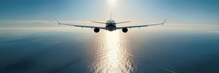 Modern Commercial Airplane Soaring Above Sparkling Seascape with Clear Blue Sky