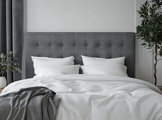 Modern bed with grey fabric headboard and white sheets in bedroom