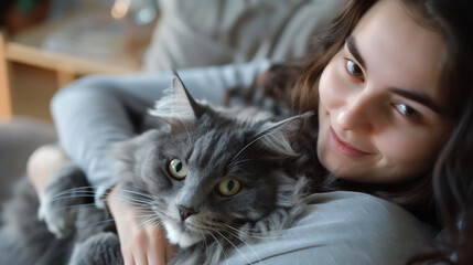 Happy young woman embraces her adorable grey fluffy cat in a close-up portrait.