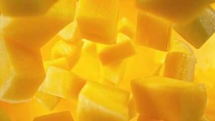 Fresh mango pieces falling into water, top down view