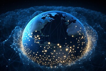 Obraz premium An abstract representation of global networking with a digital Earth surrounded by interconnected nodes and lines 