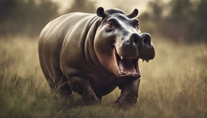 A big hippy with a wide smile on his face as he runs through a field of green grass, ready to conquer any obstacle in front of him.