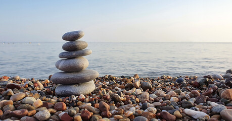 Spa stones balance on the sand of the beach.