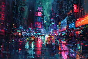 Fototapeta premium A city street with neon lights and cars driving by generated by AI