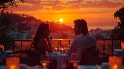 A couple enjoying a romantic sunset dinner on a rooftop terrace. AI generate illustration