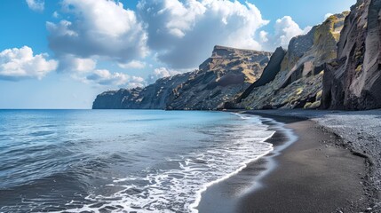 Fototapeta premium Santorini s beach with volcanic black sand