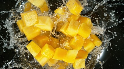 Fresh mango pieces falling into water, top down view