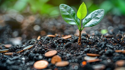 A young seedling sprouting in fertile, moist soil surrounded by scattered coins, representing financial growth, isolated on white, plenty of copy space, highresolution, detailed im