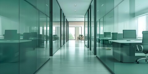 Long office corridor with glass walls rows of desks and computers. Concept Modern Office Design, Glass Walls, Open Workspace, Rows of Desks, Computer Workstations