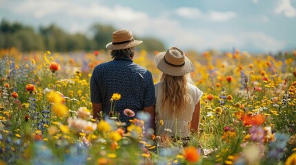 A couple having a romantic in a flower-filled meadow. AI generate illustration