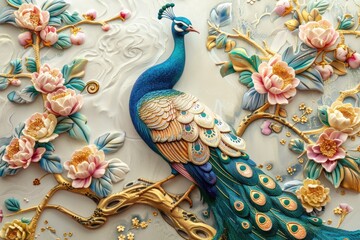 3d mural peacock illustration background with golden jewelry and flowers